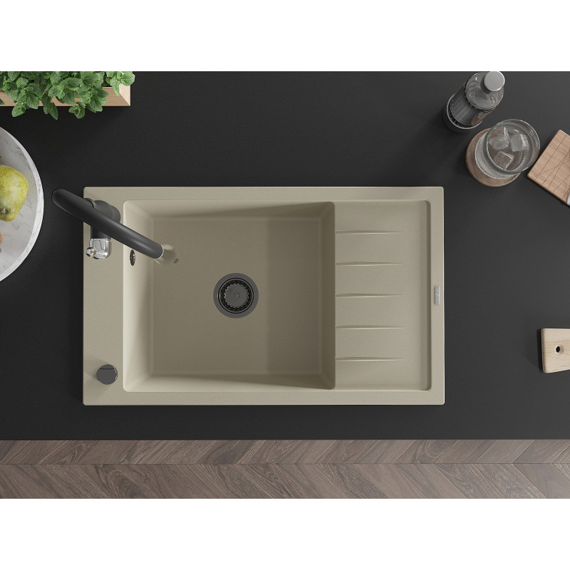Mexen Elias 1-bowl granite kitchen sink with drainer and Savita kitchen faucet, beige - 6511-69-672601-70