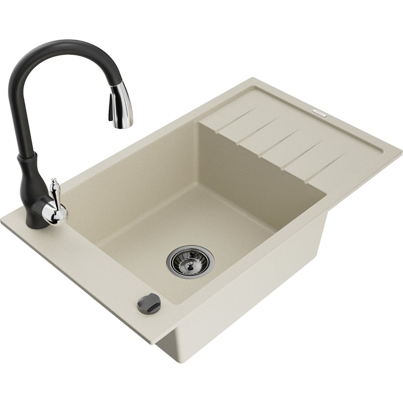 Mexen Elias 1-bowl granite kitchen sink with drainer and Savita kitchen faucet, beige - 6511-69-672601-70