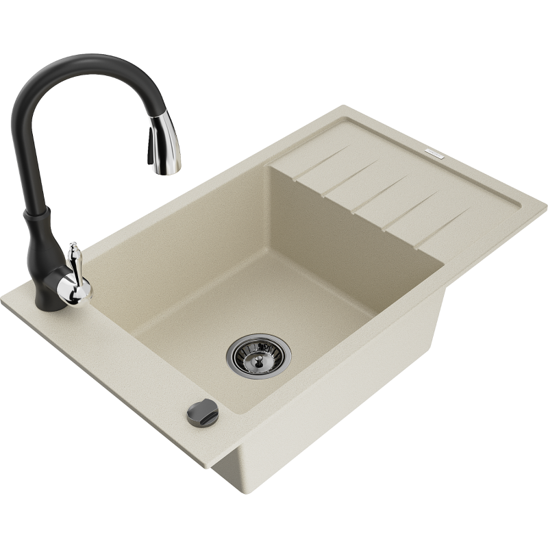 Mexen Elias 1-compartment granite sink with a drip tray and kitchen mixer tap Savita, Beige - 6511-69-672601-70
