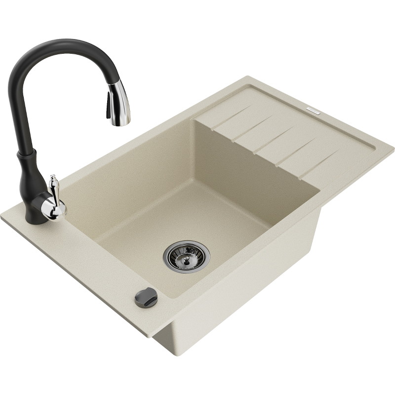 Mexen Elias granite kitchen sink 1-bowl with drainer and Savita kitchen faucet, beige - 6511-69-672601-70