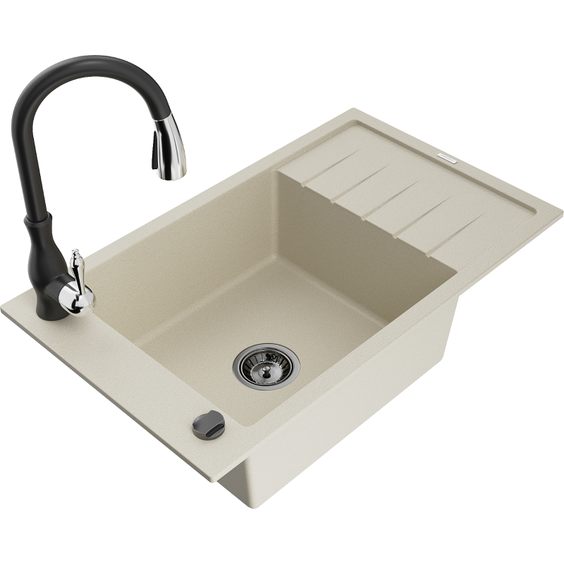 Mexen Elias single-bowl granite sink with drainer and Savita kitchen tap, beige - 6511-69-672601-70