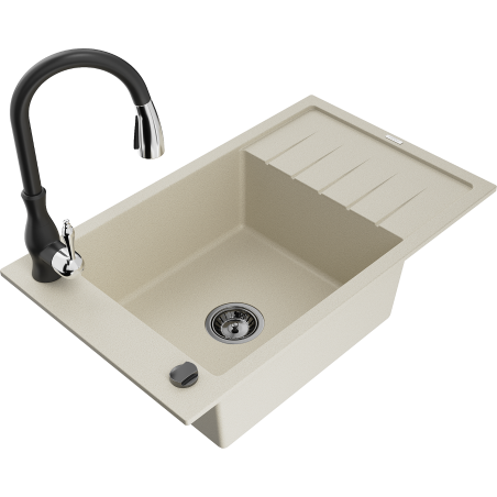 Mexen Elias granite kitchen sink 1-bowl with drainer and Savita kitchen faucet, beige - 6511-69-672601-70