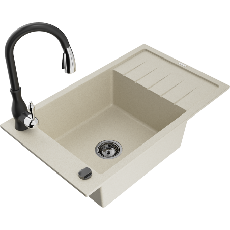 Mexen Elias single-bowl granite sink with drainer and Savita kitchen tap, beige - 6511-69-672601-70