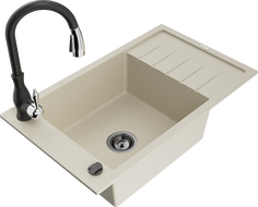 Mexen Elias 1-compartment granite sink with a drip tray and kitchen mixer tap Savita, Beige - 6511-69-672601-70