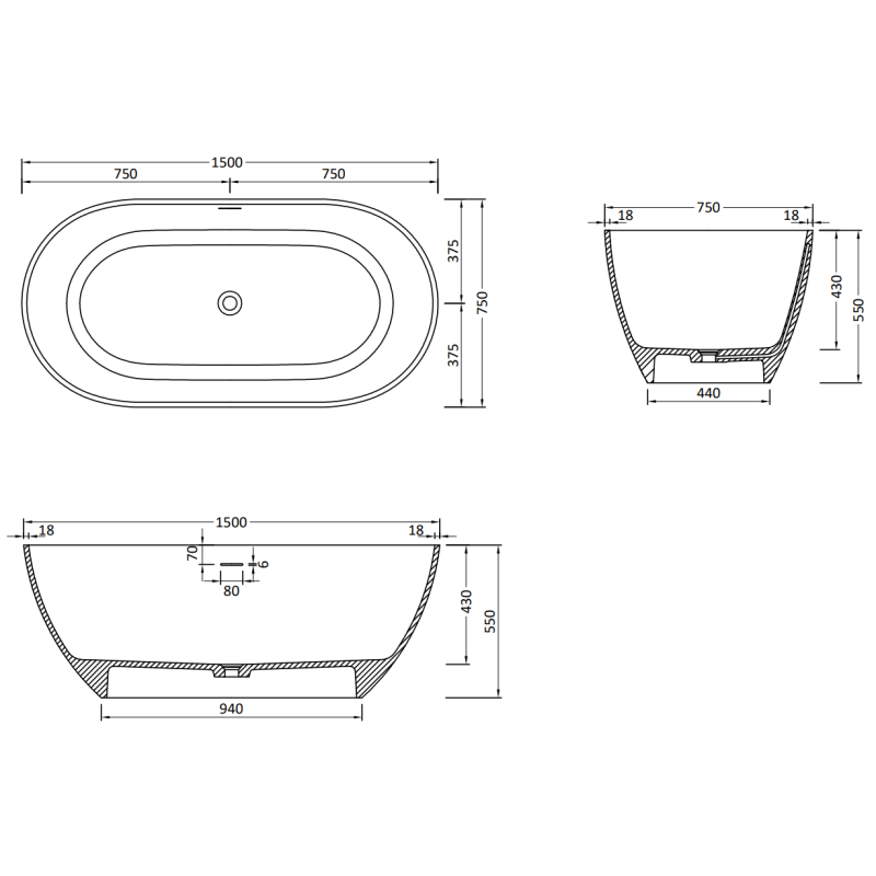 Mexen Rimini freestanding bathtub made of conglomerate 150 x 75 cm, white matte - 57241507500