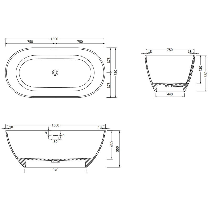 Mexen Rimini freestanding bathtub made of conglomerate 150 x 75 cm, black matte - 57241507570