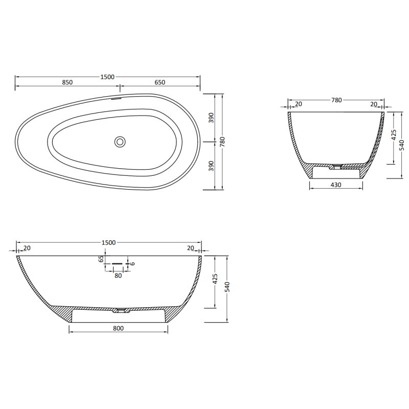 Mexen Palermo freestanding bath made of conglomerate 150 x 78 cm, black matt - 57211507870