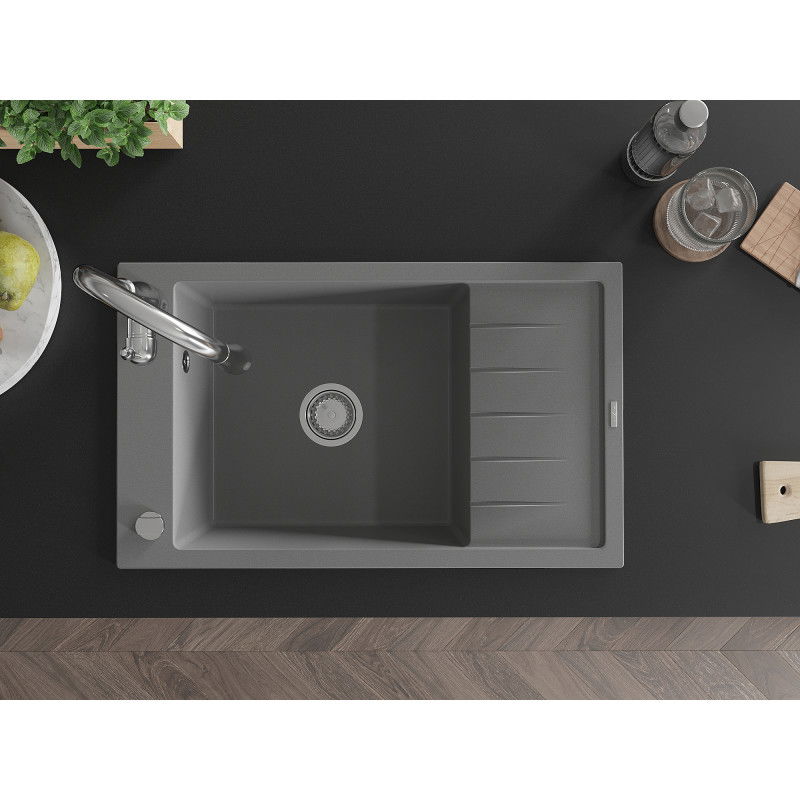 Mexen Elias granite sink 1-bowl with drainer and Savita kitchen tap, grey - 6511-71-672601-00