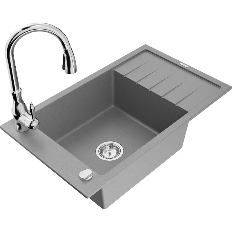Mexen Elias 1-bowl granite kitchen sink with drainer and Savita kitchen faucet, gray - 6511-71-672601-00