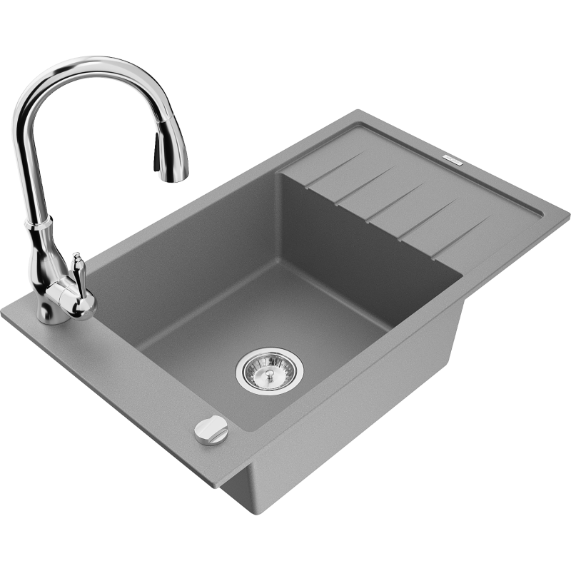 Mexen Elias 1-compartment granite sink with a drip tray and kitchen mixer tap Savita, Grey - 6511-71-672601-00