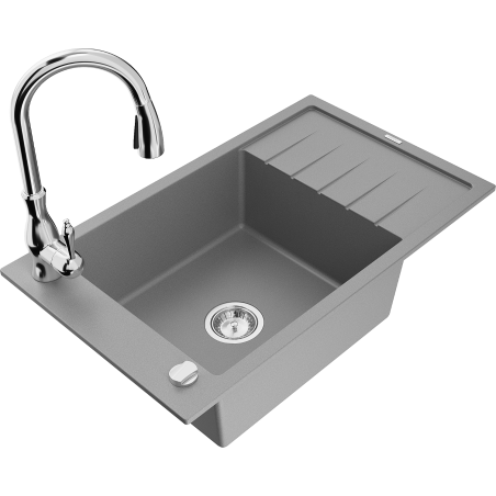 Mexen Elias 1-bowl granite kitchen sink with drainer and Savita kitchen faucet, gray - 6511-71-672601-00