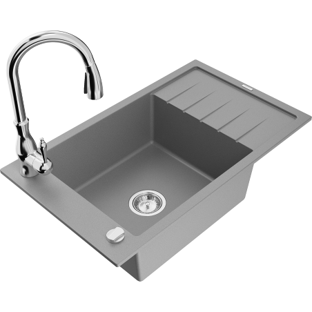 Mexen Elias 1-compartment granite sink with a drip tray and kitchen mixer tap Savita, Grey - 6511-71-672601-00