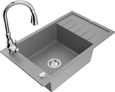 Mexen Elias 1-compartment granite sink with a drip tray and kitchen mixer tap Savita, Grey - 6511-71-672601-00