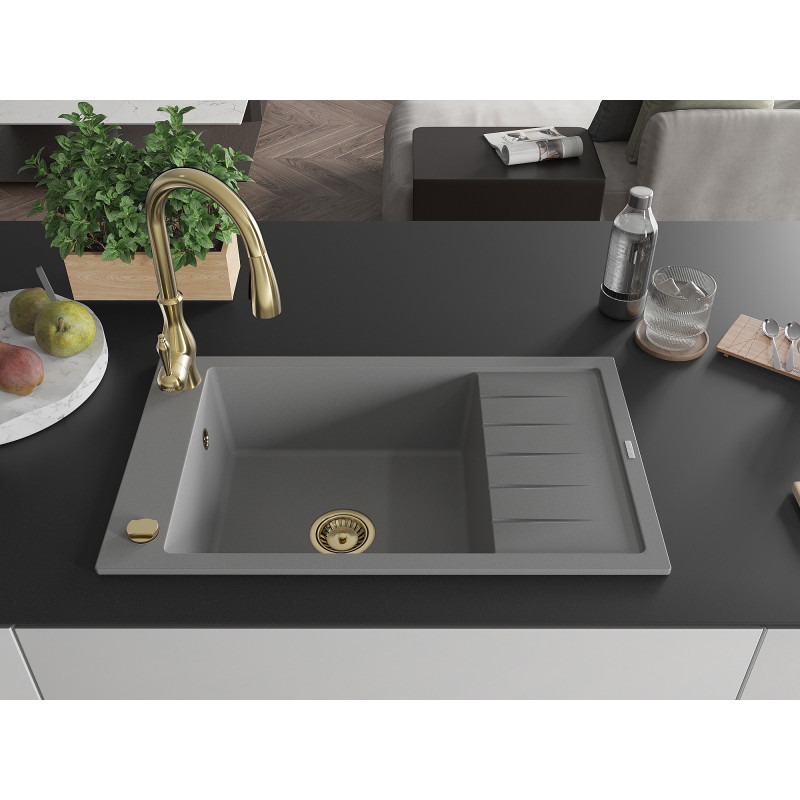 Mexen Elias 1-bowl granite sink with drainer and Savita kitchen faucet, gray - 6511-71-672601-50