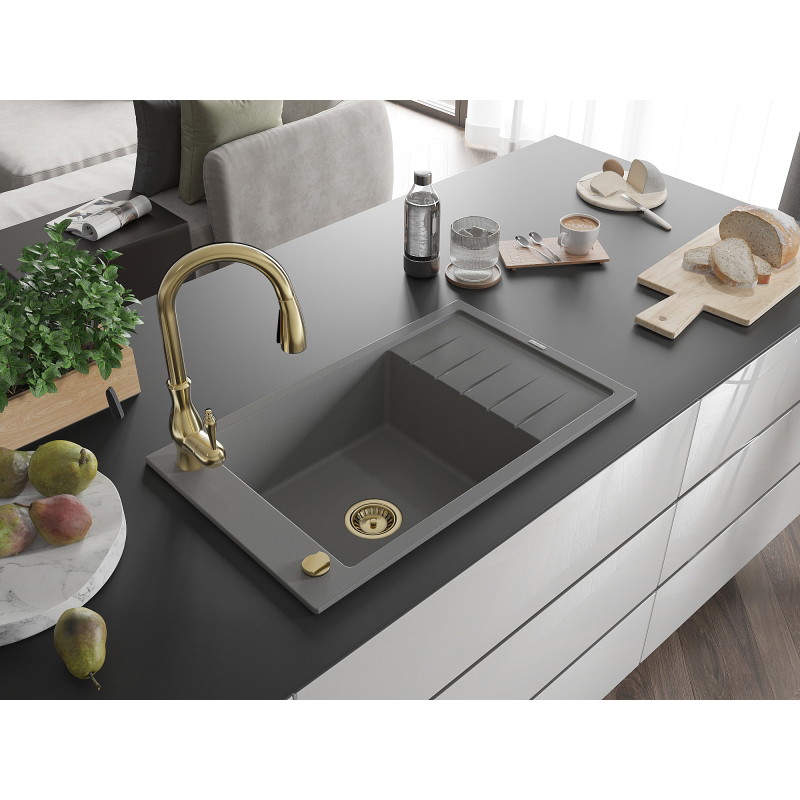 Mexen Elias 1-bowl granite sink with drainer and Savita kitchen faucet, gray - 6511-71-672601-50