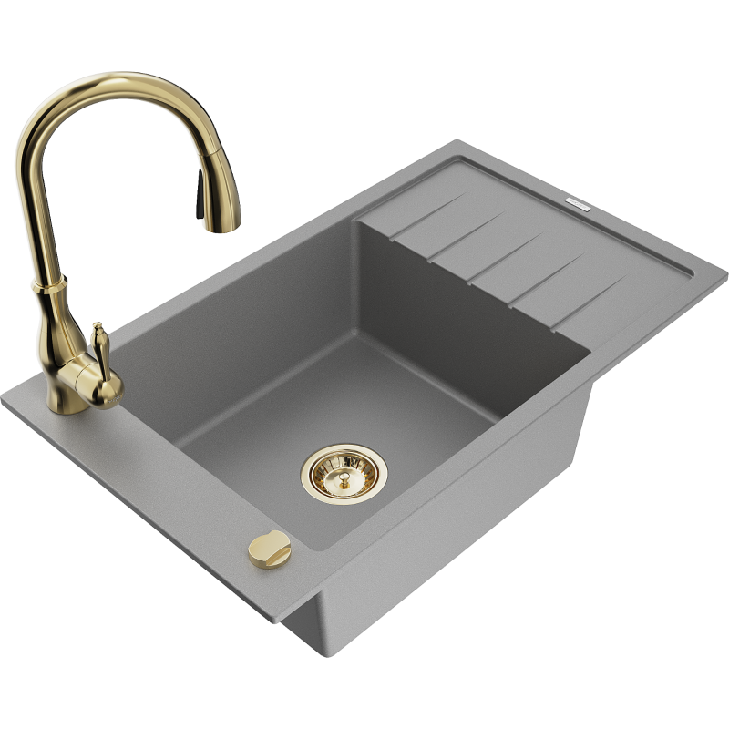 Mexen Elias 1-bowl granite kitchen sink with drainer and Savita kitchen tap, grey - 6511-71-672601-50