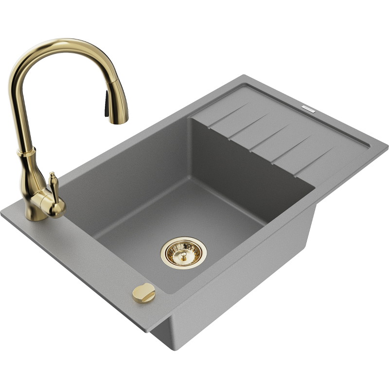 Mexen Elias granite sink with 1 basin with drainer and Savita kitchen faucet, gray - 6511-71-672601-50