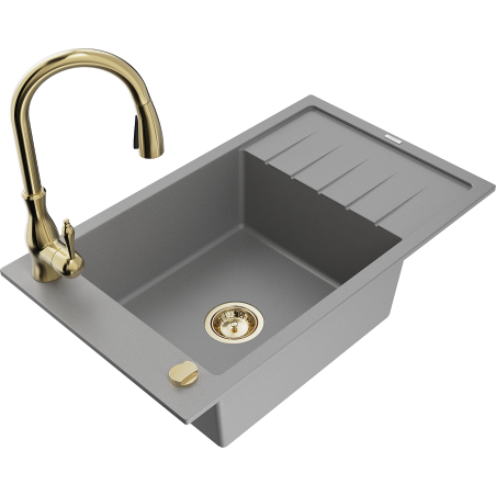 Mexen Elias 1-bowl granite kitchen sink with drainer and Savita kitchen tap, grey - 6511-71-672601-50
