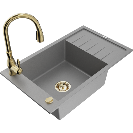 Mexen Elias 1-compartment granite sink with a drip tray and kitchen mixer tap Savita, Grey - 6511-71-672601-50