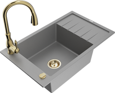 Mexen Elias 1-compartment granite sink with a drip tray and kitchen mixer tap Savita, Grey - 6511-71-672601-50