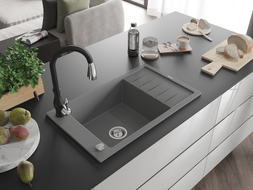 Mexen Elias 1-bowl granite kitchen sink with drainer and Savita kitchen faucet, gray - 6511-71-672601-70