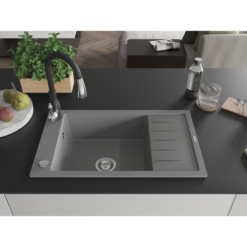 Mexen Elias granite sink single bowl with drainer and Savita kitchen tap, grey - 6511-71-672601-70