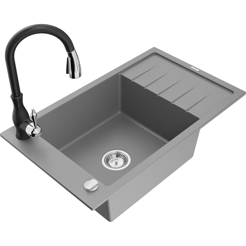 Mexen Elias 1-bowl granite kitchen sink with drainer and Savita kitchen faucet, gray - 6511-71-672601-70