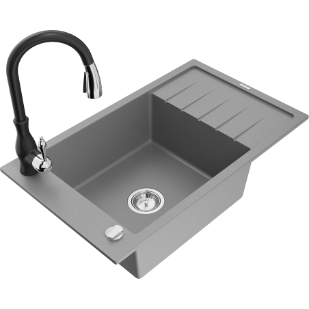 Mexen Elias 1-compartment granite sink with a drip tray and kitchen mixer tap Savita, Grey - 6511-71-672601-70