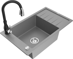Mexen Elias 1-compartment granite sink with a drip tray and kitchen mixer tap Savita, Grey - 6511-71-672601-70