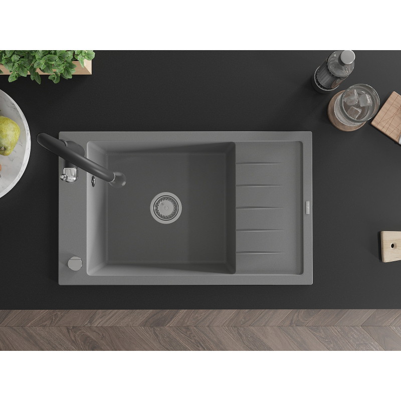 Mexen Elias 1-bowl granite kitchen sink with drainer and Savita kitchen faucet, gray - 6511-71-672601-70