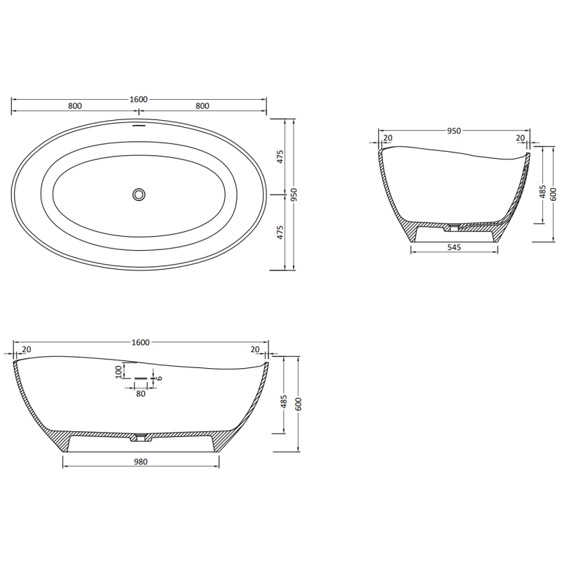 Mexen Parma Freestanding Bath, Composite, 160 x 95 cm, White Matte - 57231609500