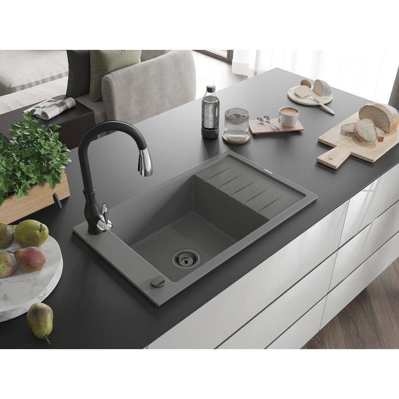Mexen Elias granite sink 1-bowl with drainer and Savita kitchen tap, grey - 6511-71-672601-70-B