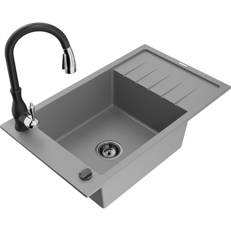Mexen Elias granite sink 1-bowl with drainer and Savita kitchen faucet, gray - 6511-71-672601-70-B
