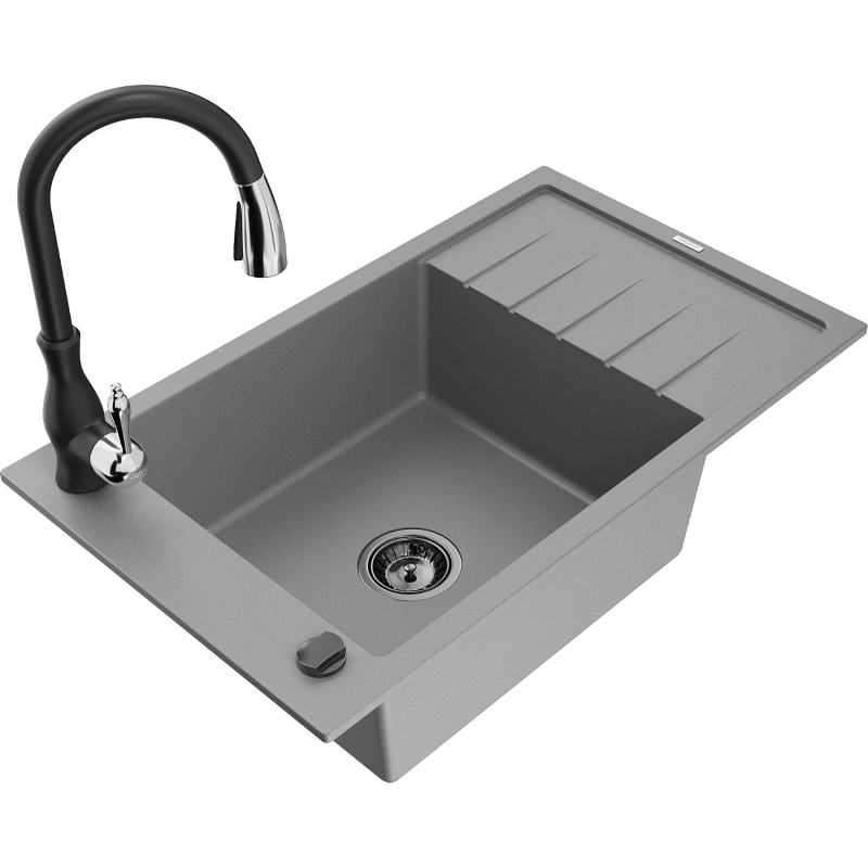 Mexen Elias granite sink 1-bowl with drainer and Savita kitchen tap, grey - 6511-71-672601-70-B