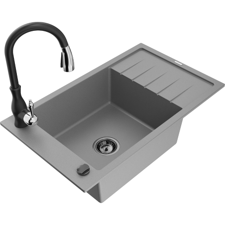 Mexen Elias 1-compartment granite sink with a drip tray and kitchen mixer tap Savita, Grey - 6511-71-672601-70-B