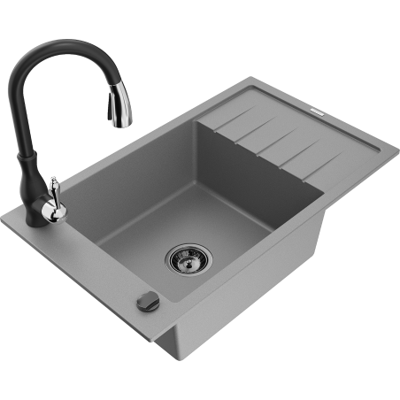 Mexen Elias granite sink 1-bowl with drainer and Savita kitchen tap, grey - 6511-71-672601-70-B