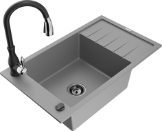 Mexen Elias granite sink 1-bowl with drainer and Savita kitchen tap, grey - 6511-71-672601-70-B