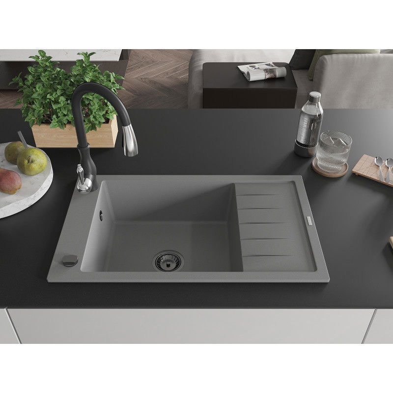 Mexen Elias granite sink 1-bowl with drainer and Savita kitchen tap, grey - 6511-71-672601-70-B