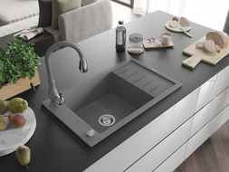 Mexen Elias 1-compartment granite sink with a drip tray and kitchen mixer tap Savita, Grey - 6511-71-672601-71