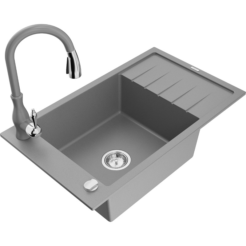 Mexen Elias granite sink 1-bowl with drainer and Savita kitchen faucet, gray - 6511-71-672601-71