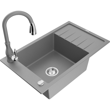 Mexen Elias 1-compartment granite sink with a drip tray and kitchen mixer tap Savita, Grey - 6511-71-672601-71
