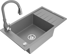 Mexen Elias granite sink 1-bowl with drainer and Savita kitchen tap, grey - 6511-71-672601-71