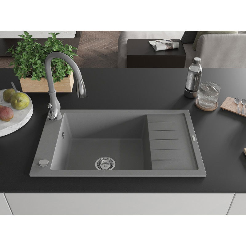 Mexen Elias granite sink 1-bowl with drainer and Savita kitchen tap, grey - 6511-71-672601-71