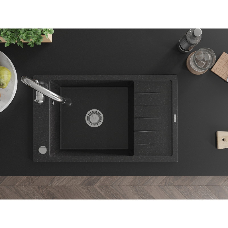 Mexen Elias granite single-bowl sink with drainer and Savita kitchen faucet, black/silver metallic - 6511-73-672601-00