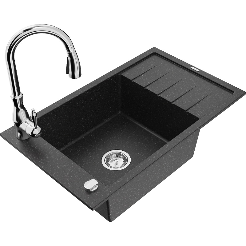 Mexen Elias 1-compartment granite sink with a drip tray and kitchen mixer tap Savita, Black/Silver metallic- 6511-73-672601-00