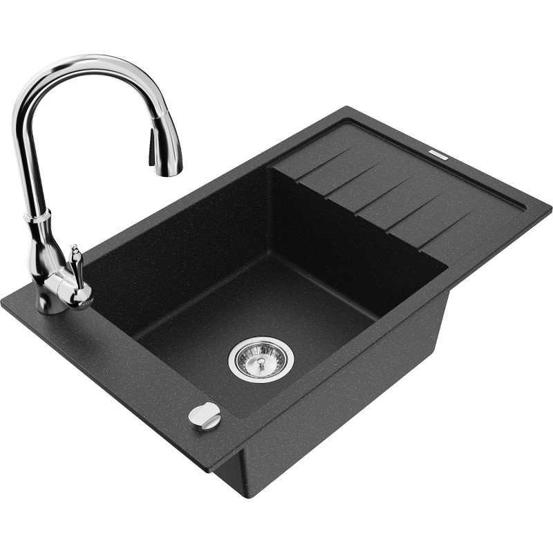 Mexen Elias granite single-bowl sink with drainer and Savita kitchen faucet, black/silver metallic - 6511-73-672601-00