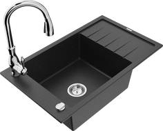 Mexen Elias granite sink with 1 compartment, drainer, and kitchen faucet Savita, black/silver metallic - 6511-73-672601-00