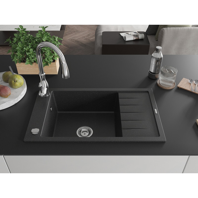 Mexen Elias granite single-bowl sink with drainer and Savita kitchen faucet, black/silver metallic - 6511-73-672601-00