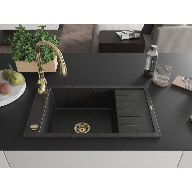 Mexen Elias granite sink, 1-bowl with drainer and Savita kitchen tap, black/silver metallic- 6511-73-672601-50