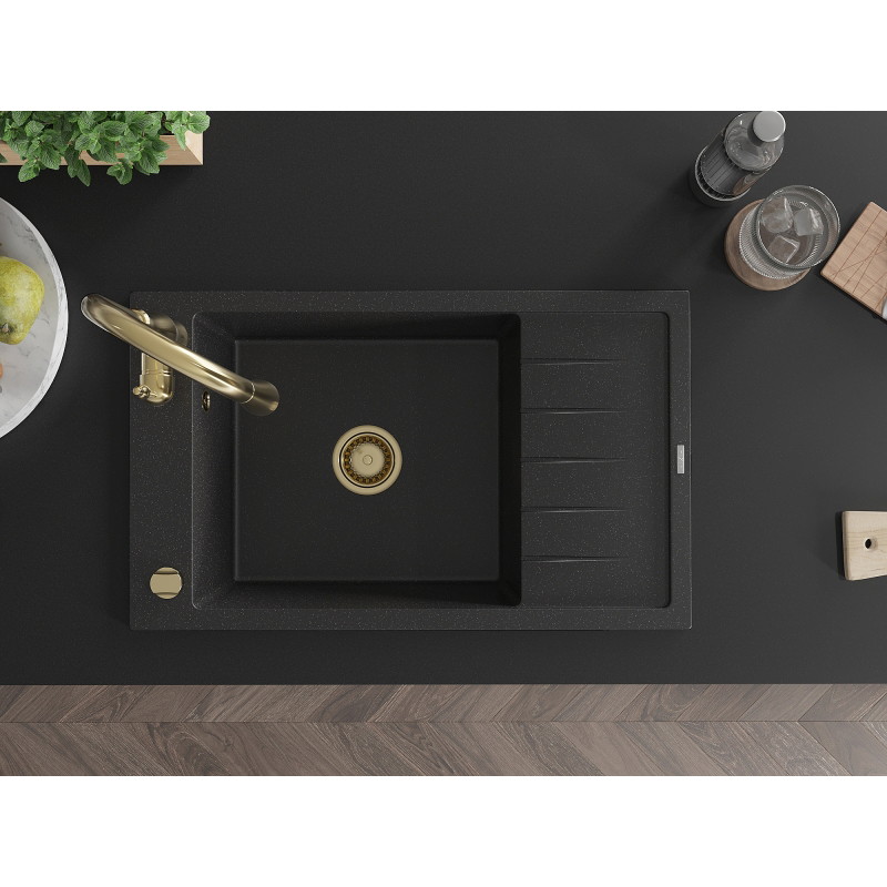 Mexen Elias granite kitchen sink 1-bowl with drainer and Savita kitchen faucet, black/silver metallic - 6511-73-672601-50